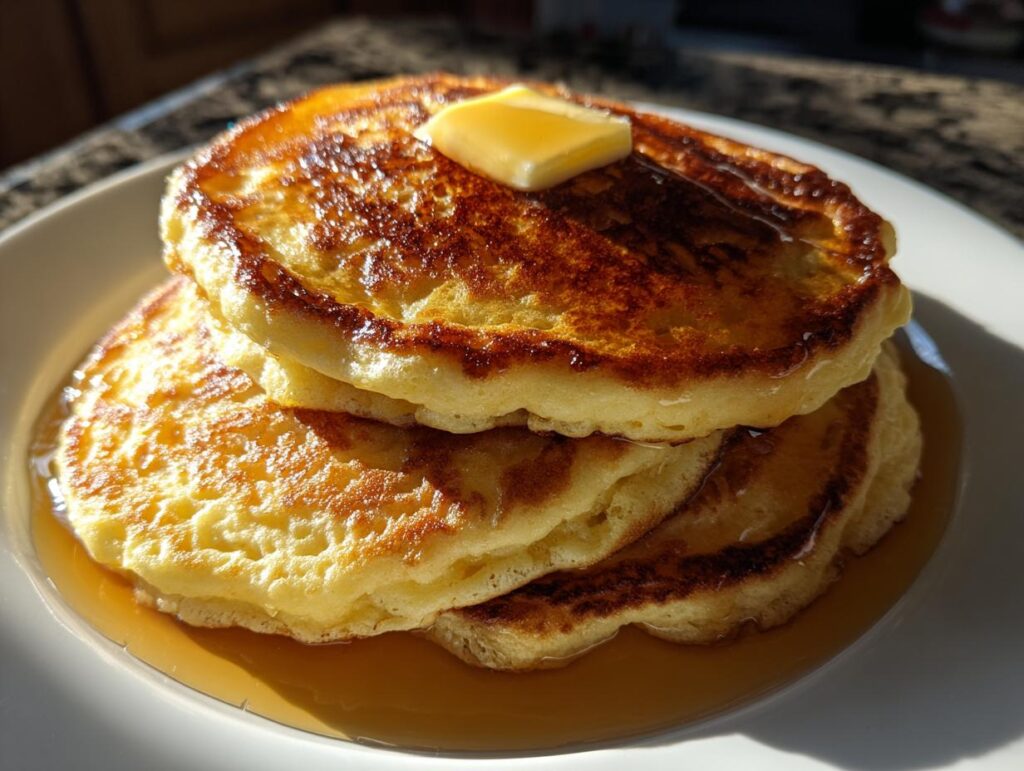 A stack of three fluffy pancakes topped with a pat of butter and drizzled with syrup, a perfect breakfast idea.