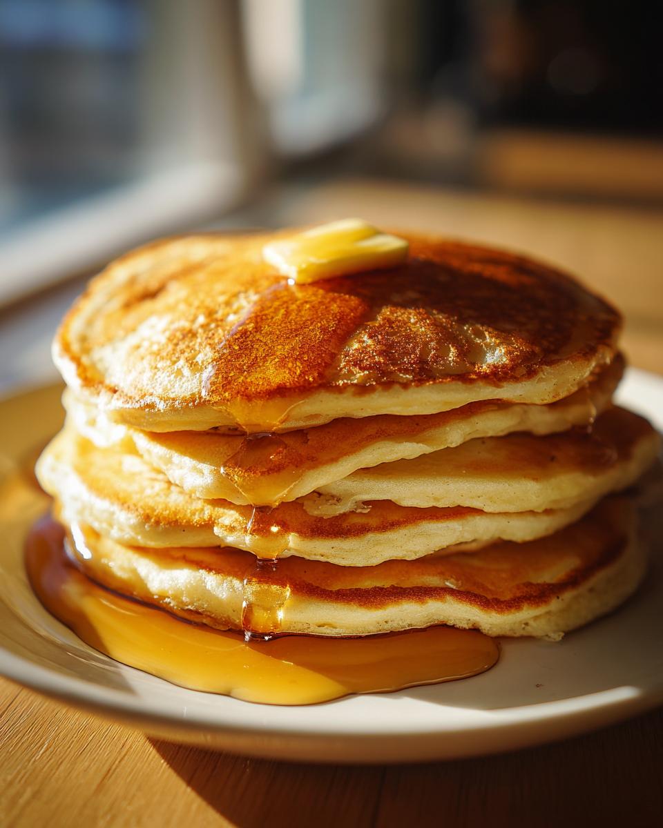 A stack of fluffy pancakes, drizzled with syrup and topped with a pat of butter, perfect for breakfast ideas.