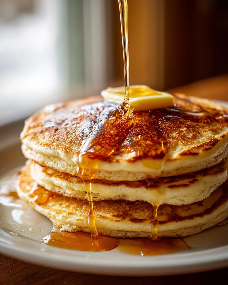 A stack of fluffy pancakes being drizzled with syrup, a perfect breakfast idea.