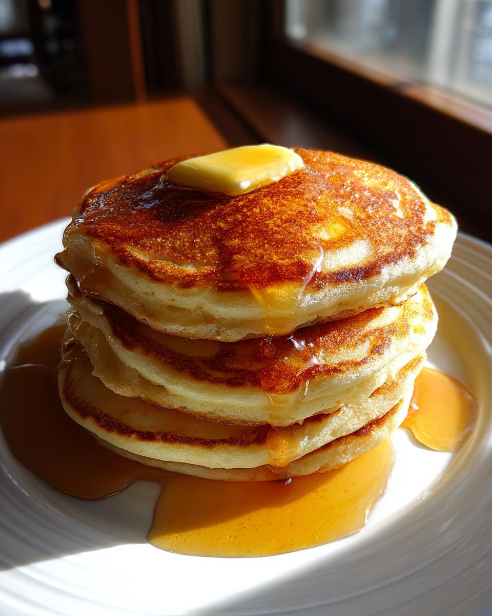 A stack of fluffy pancakes topped with butter and drizzled with syrup, perfect for breakfast ideas.