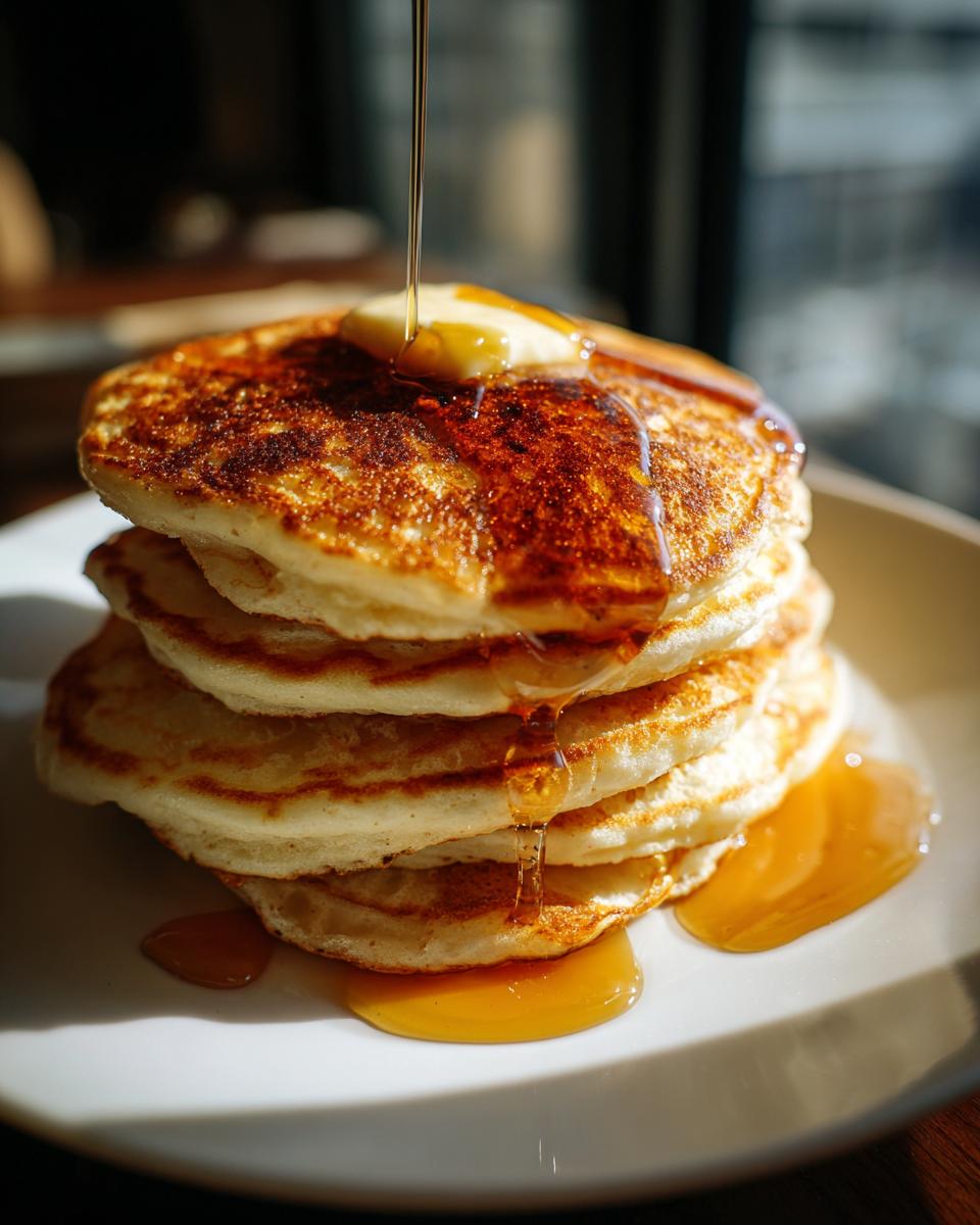 Stack of fluffy pancakes with butter and maple syrup being poured, a perfect breakfast idea.