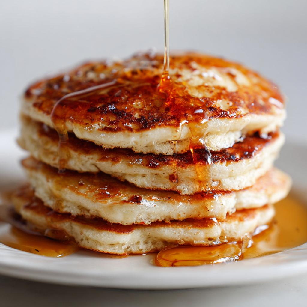 A stack of fluffy pancakes being drizzled with syrup, a perfect breakfast idea.