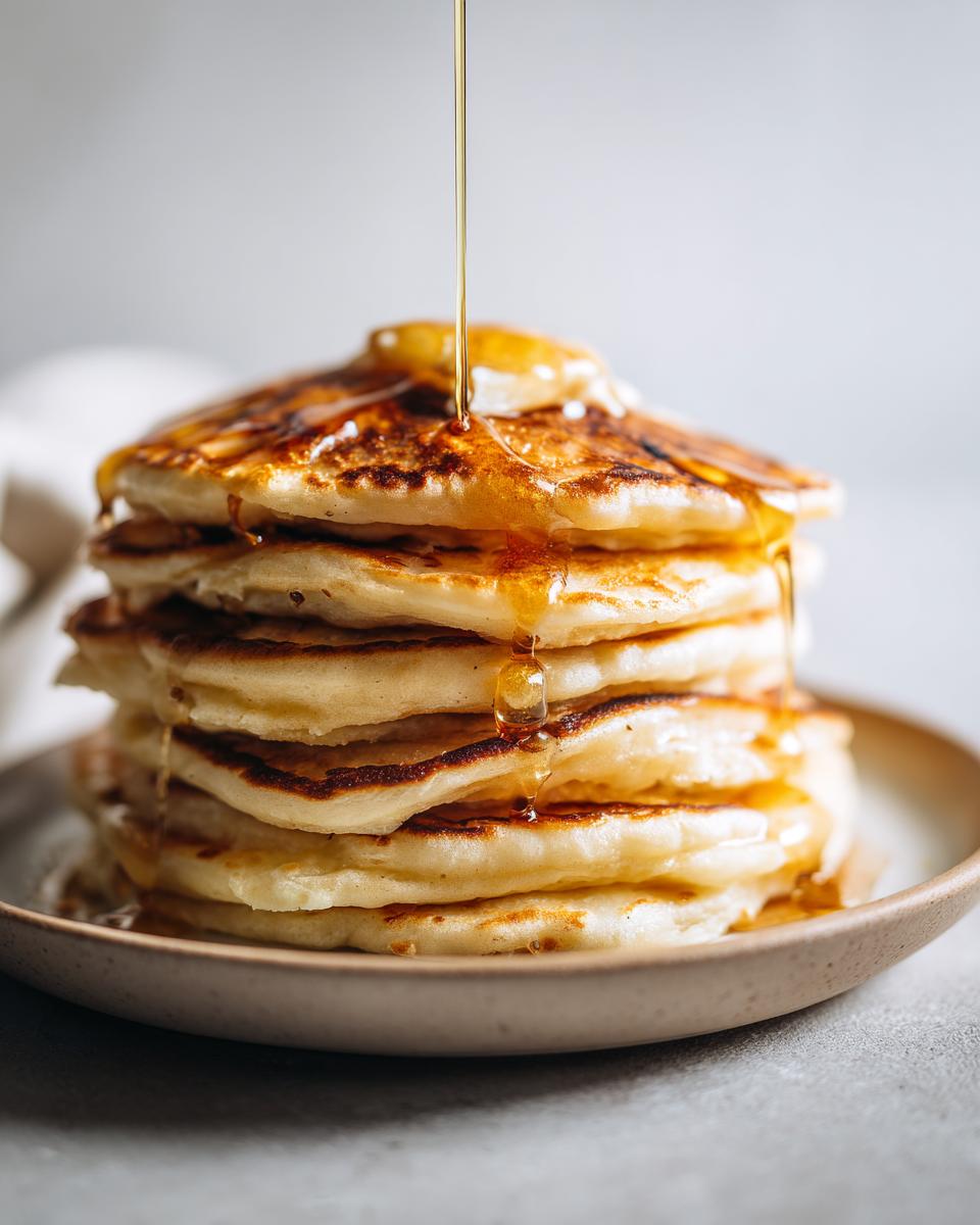 A tall stack of fluffy pancakes being drizzled with syrup, a perfect breakfast idea.