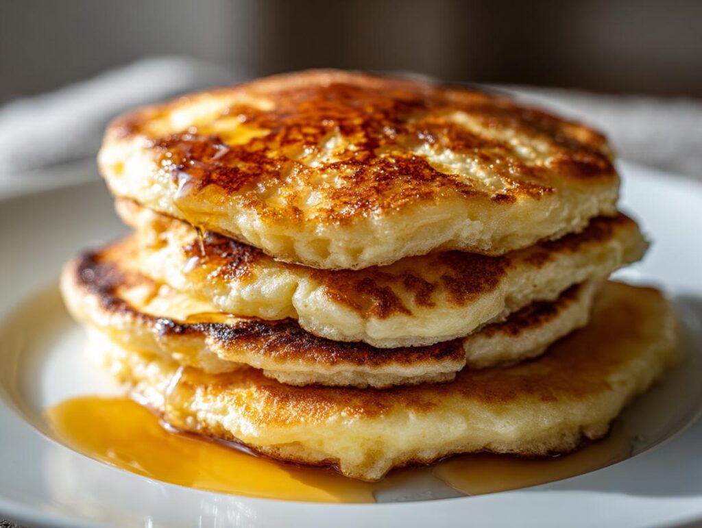 A stack of three fluffy pancakes drizzled with syrup, a perfect breakfast idea.