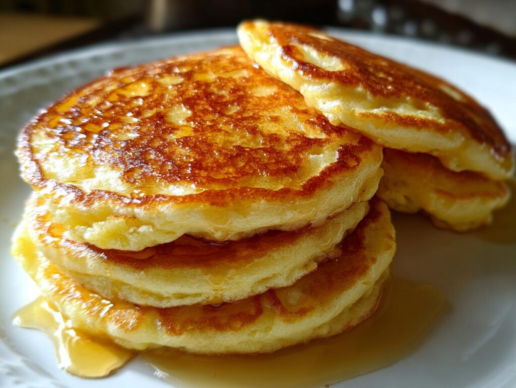 A stack of fluffy pancakes with golden-brown edges, drizzled with syrup, perfect for pancakes recipes.