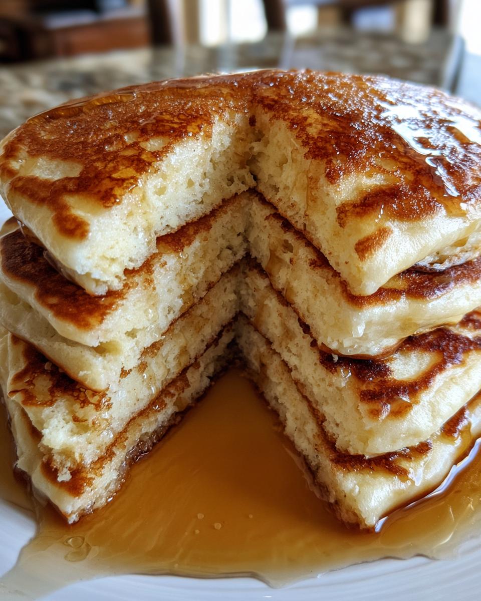 A stack of fluffy pancakes, cut in half to reveal a tender interior, drizzled with golden syrup.