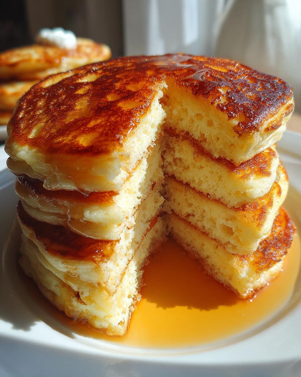 A tall stack of fluffy pancakes, cut to reveal their airy interior, drizzled with golden syrup.