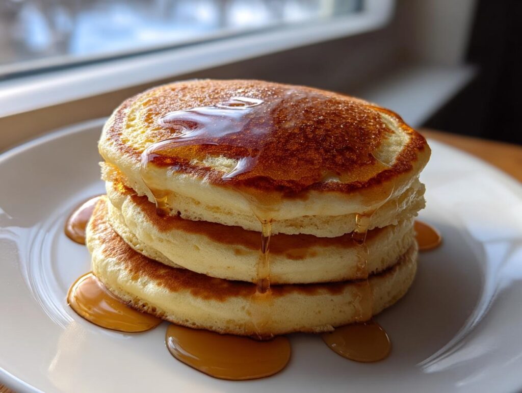 Stack of fluffy pancakes topped with syrup dripping down on a white plate.