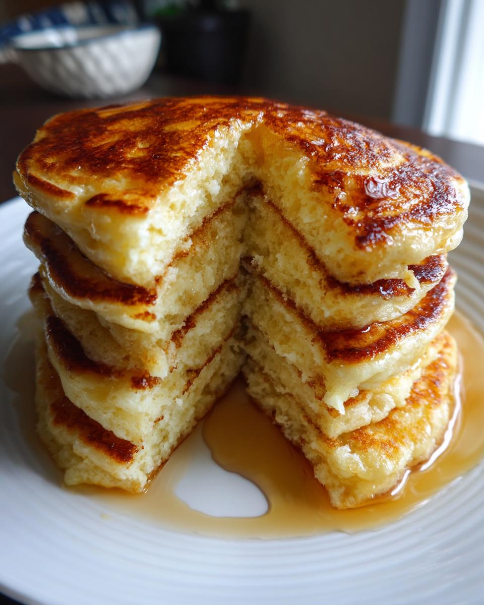 A tall stack of fluffy pancakes recipes, cut in half to reveal the airy interior, drizzled with syrup.