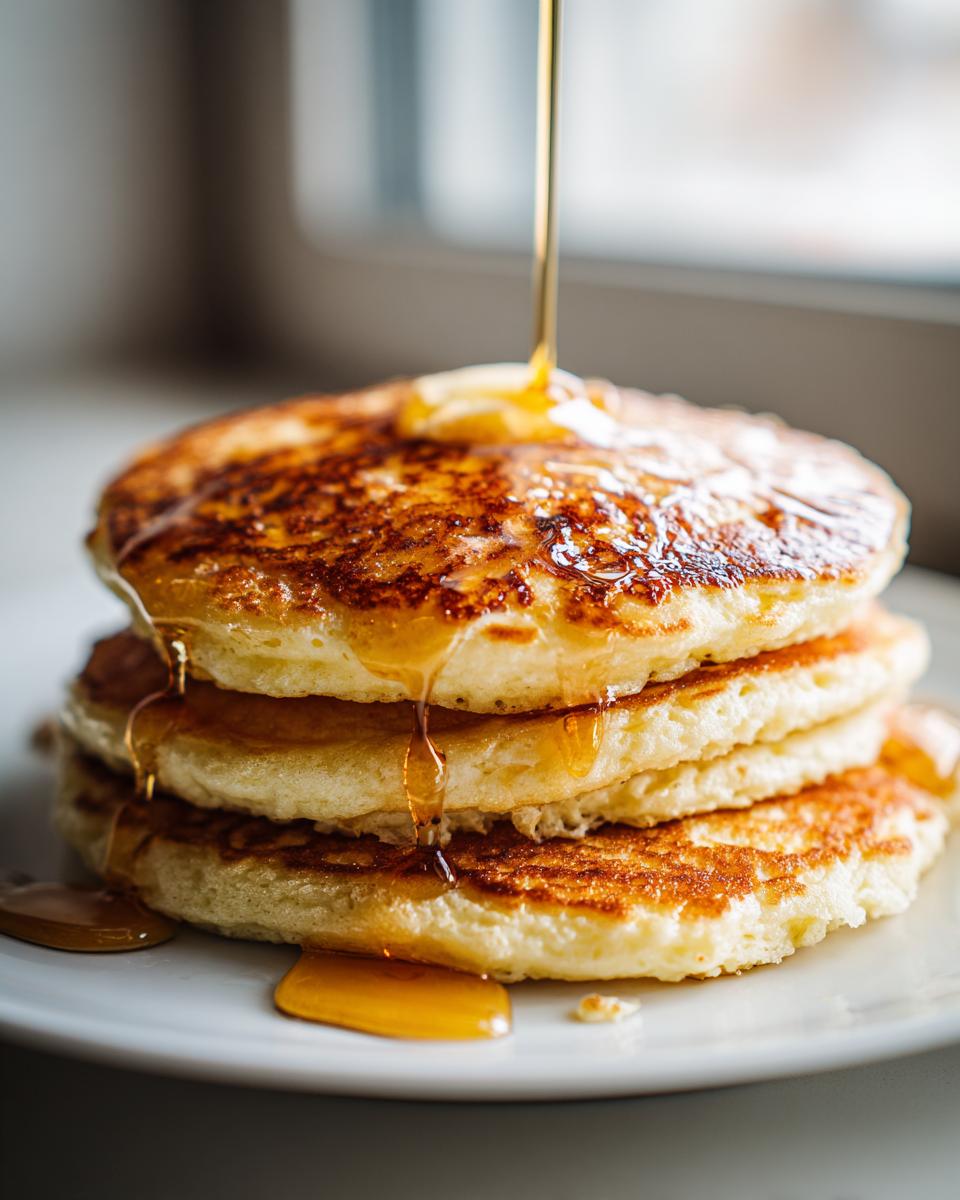 Close-up of fluffy pancakes recipes stack with syrup being poured on top.