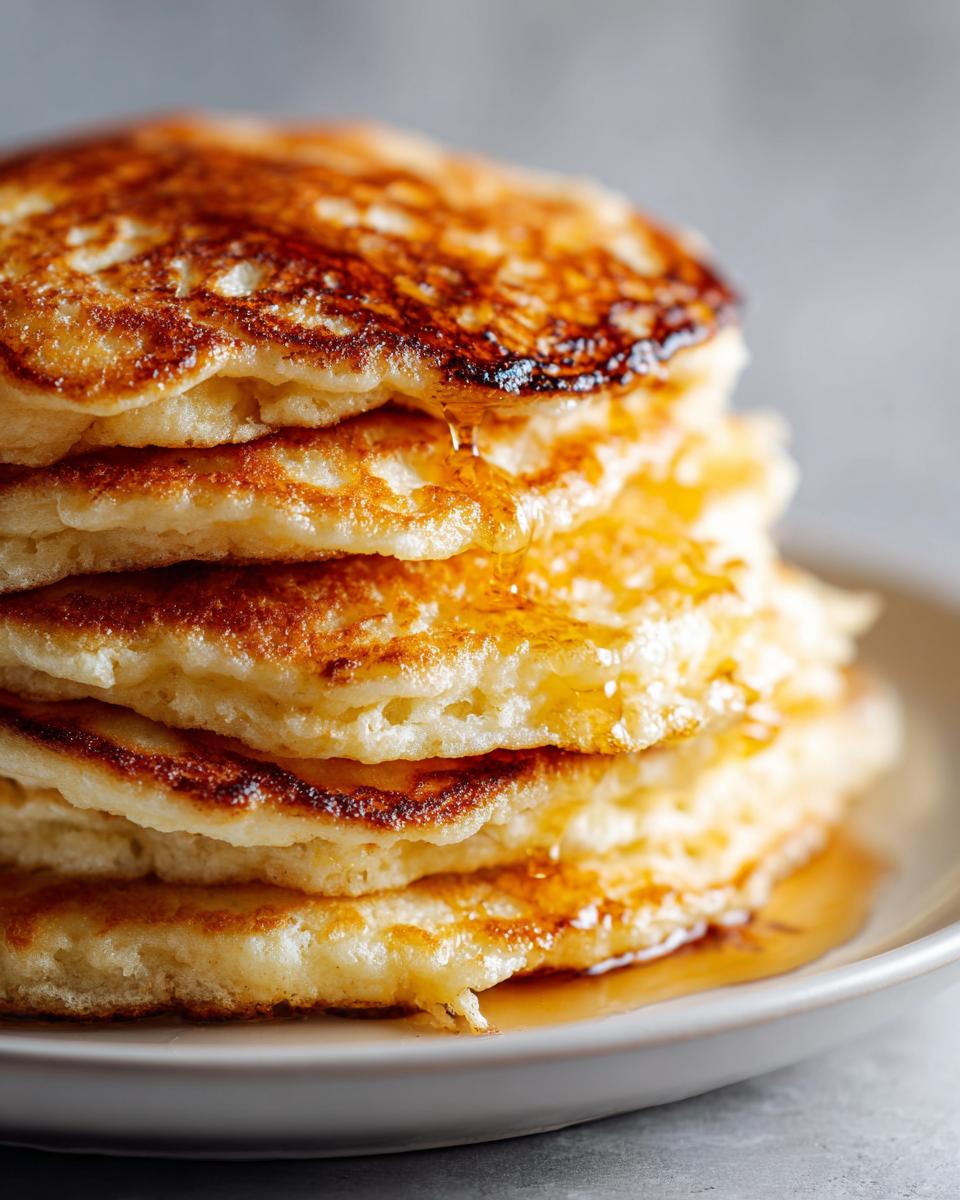 Close-up of a stack of fluffy pancakes with syrup dripping down the sides, perfect for pancakes recipes.