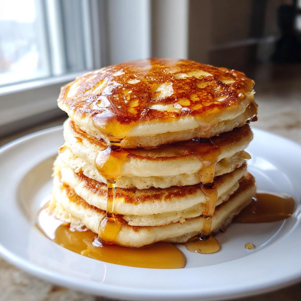 Stack of fluffy pancakes topped with golden syrup dripping down the sides on a white plate.