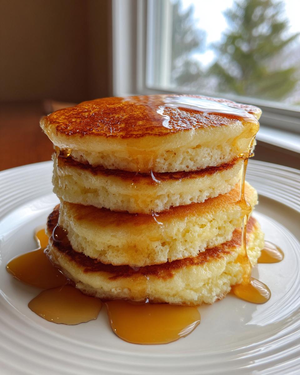 Stack of fluffy pancakes dripping with syrup on a white plate by a window