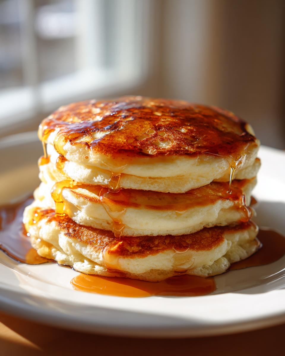 Stack of fluffy pancakes with syrup dripping down in natural light on a white plate