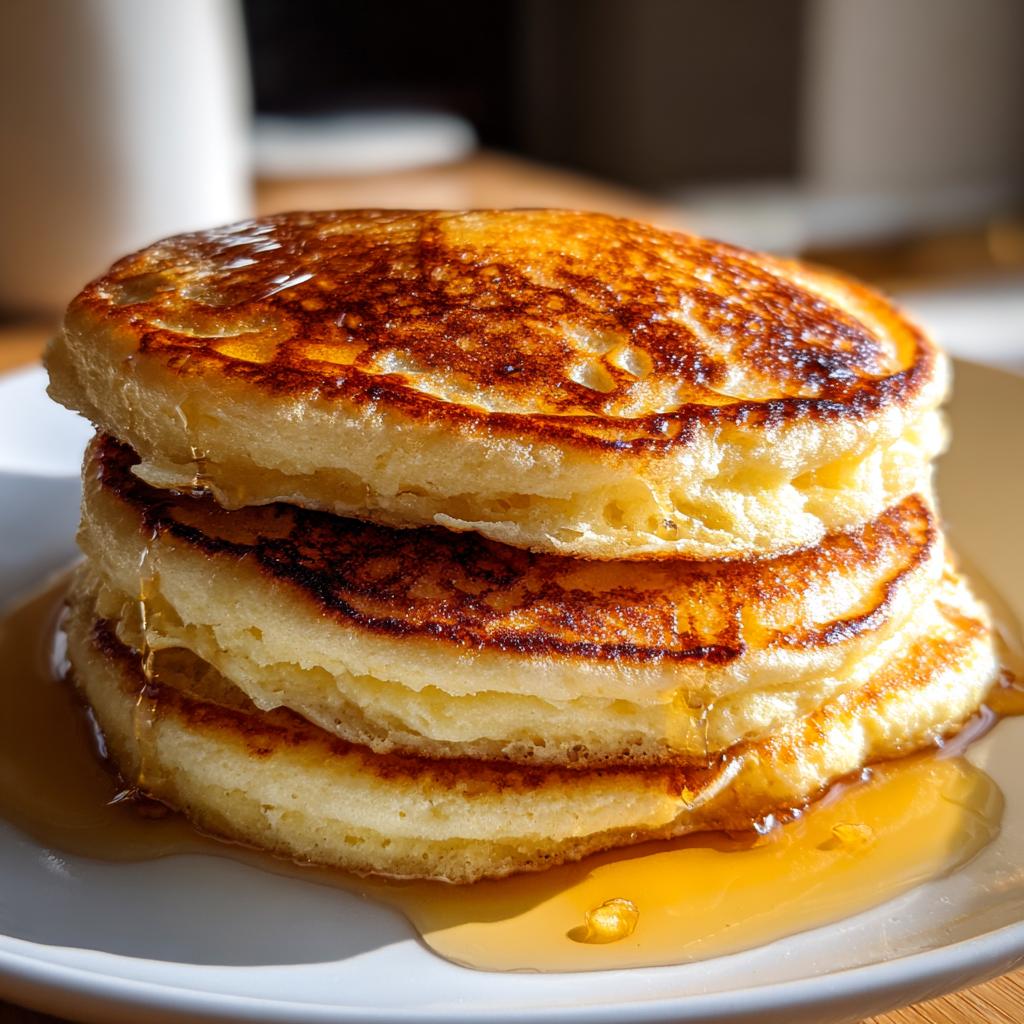 A tall stack of fluffy pancakes, golden brown and drizzled with syrup, perfect for pancakes recipes.