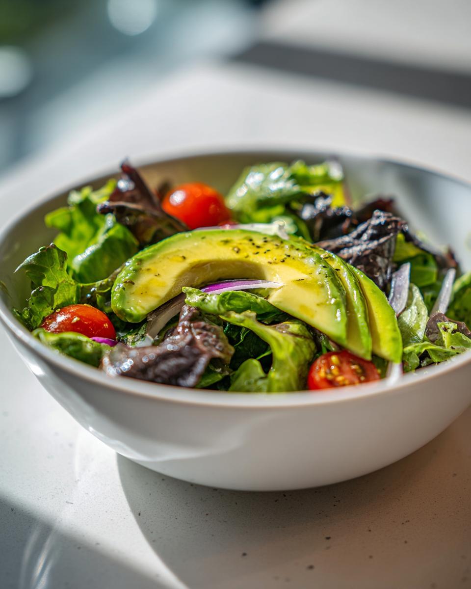 Bowl of fresh salad with avocado slices, cherry tomatoes, lettuce, and red onions for healthy lunch ideas.