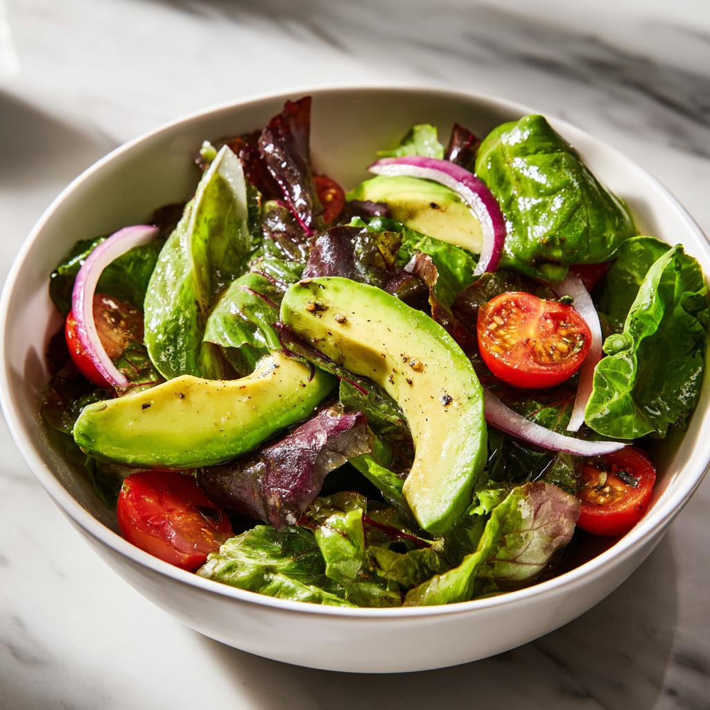 Bowl of fresh salad with avocado slices, cherry tomatoes, red onion, and mixed greens for healthy lunch ideas