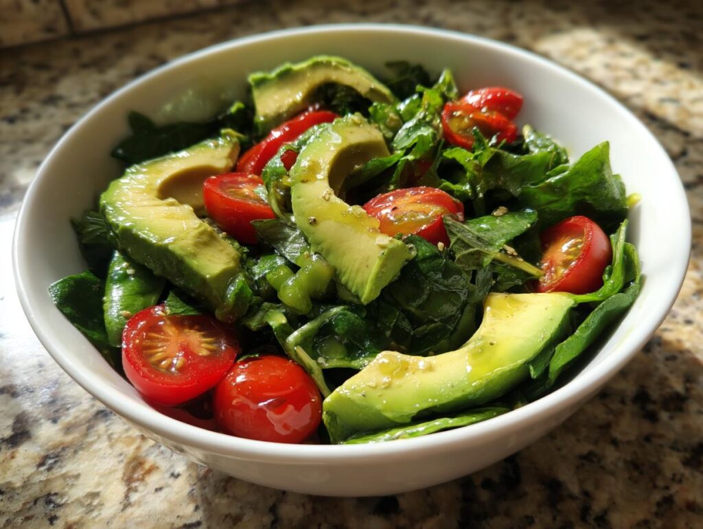Bowl of fresh spinach salad with avocado slices and cherry tomatoes as healthy meals