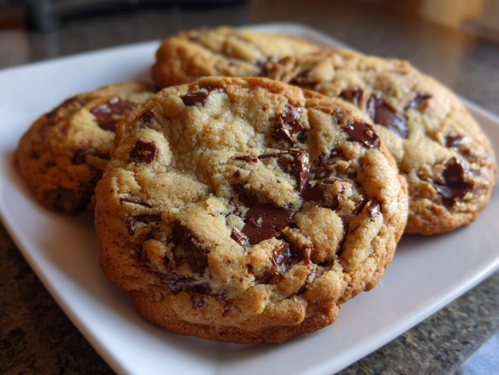Close-up of freshly baked chocolate chip cookies on a white plate, perfect dessert recipes