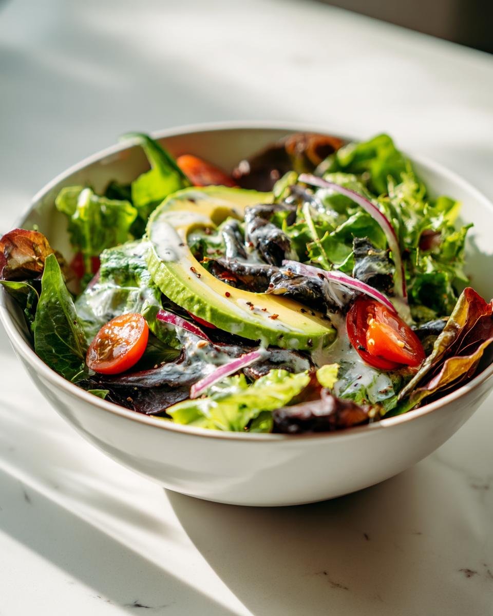 Bowl of fresh salad with avocado slices, cherry tomatoes, mixed greens, and creamy dressing.