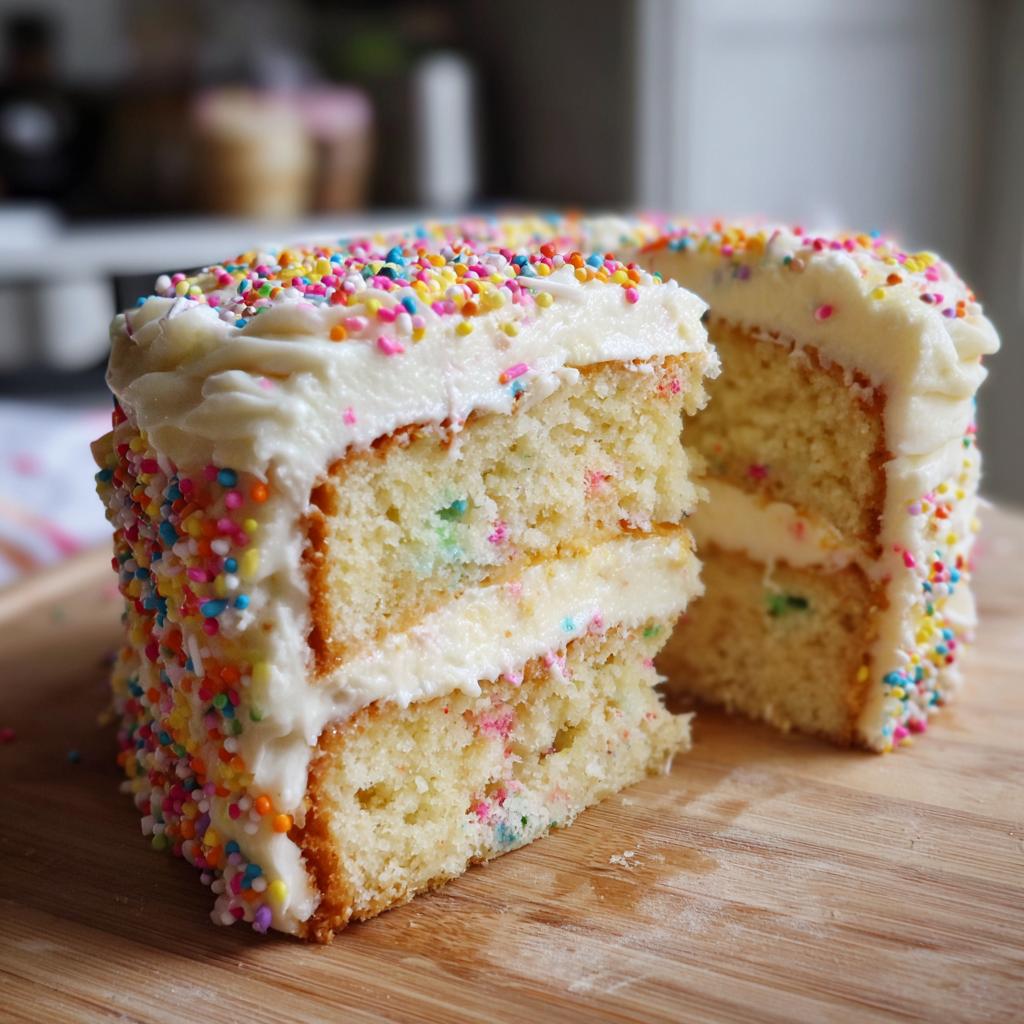A slice of funfetti cake with white frosting and colorful sprinkles, perfect for new years desserts.