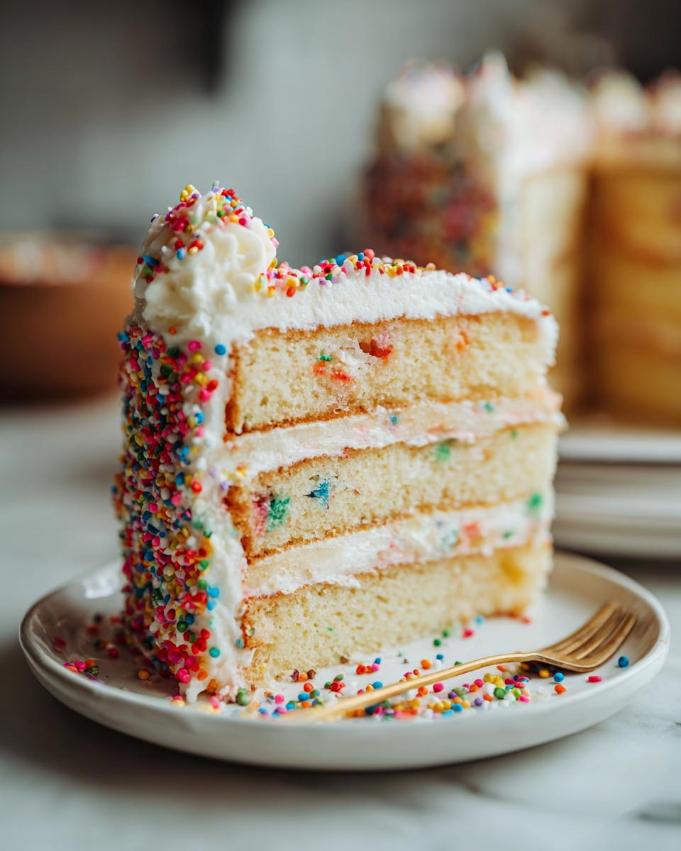 A slice of funfetti cake with white frosting and colorful sprinkles, a perfect New Years dessert.