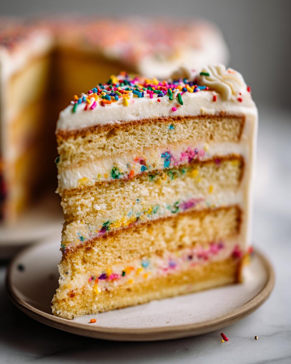 A slice of funfetti cake with white frosting and colorful sprinkles, perfect for New Years desserts.