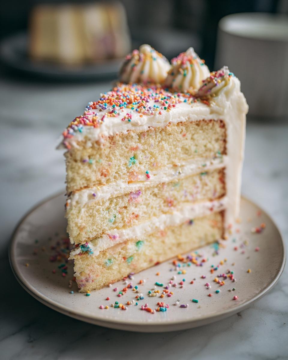 A festive slice of funfetti cake with white frosting and colorful sprinkles, perfect for new years desserts.
