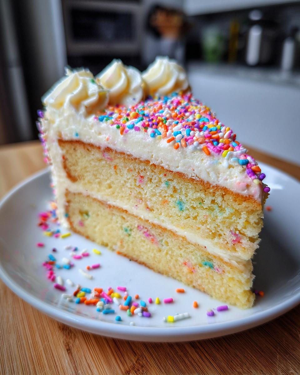 A slice of funfetti cake with white frosting and colorful sprinkles, perfect for New Years desserts.