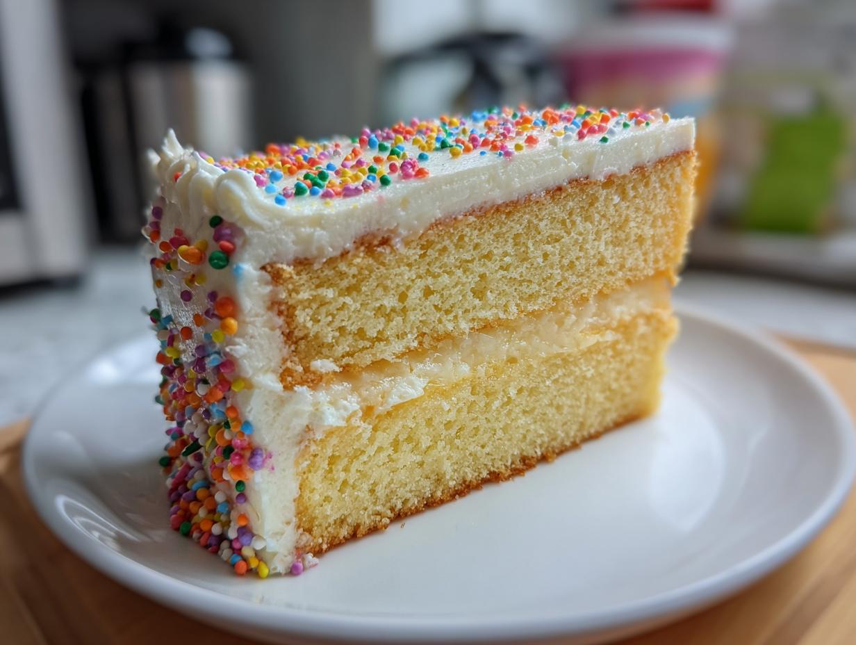A slice of funfetti cake with white frosting and colorful sprinkles, perfect for new years desserts.
