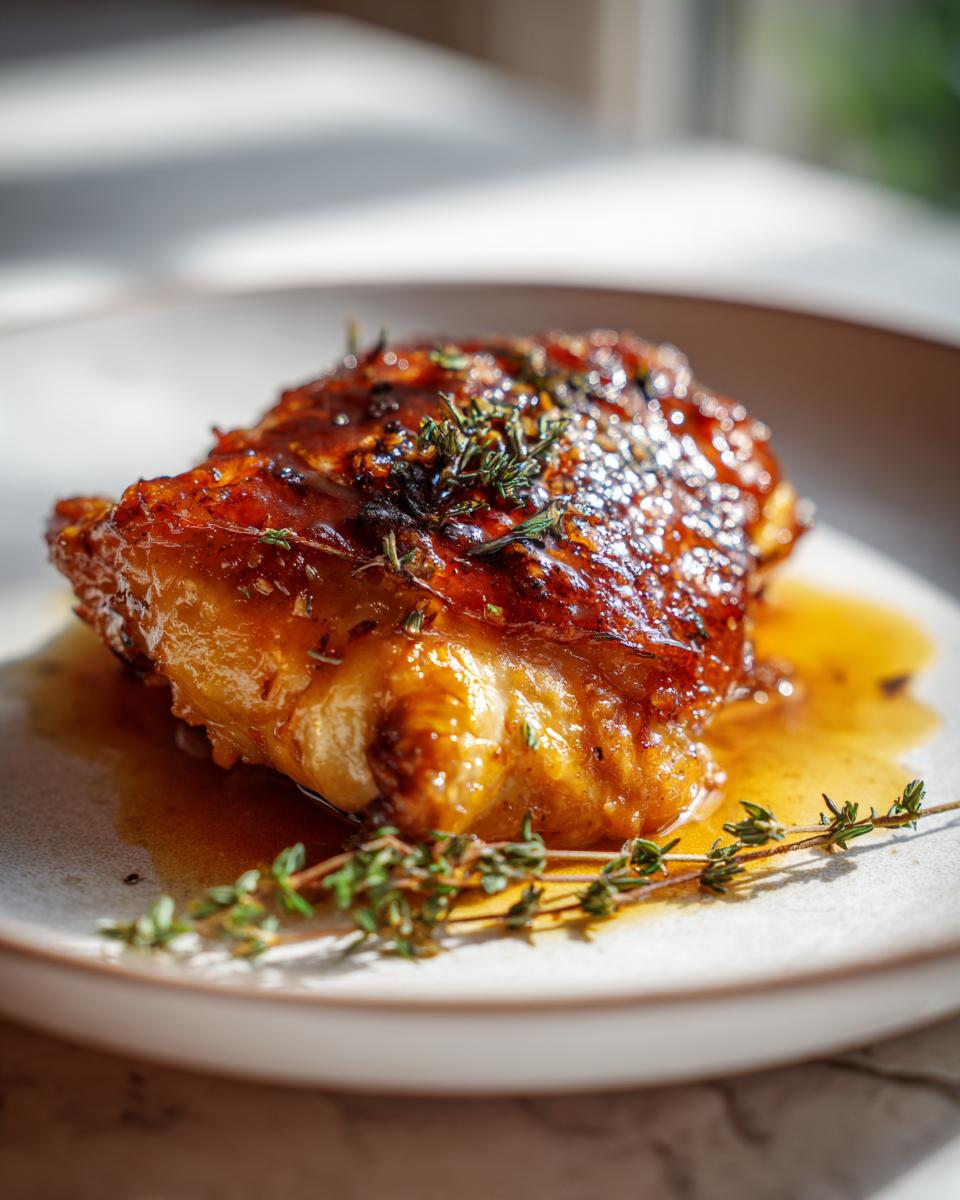 A close-up of a perfectly cooked garlic butter chicken thigh, glistening with sauce and garnished with fresh thyme.