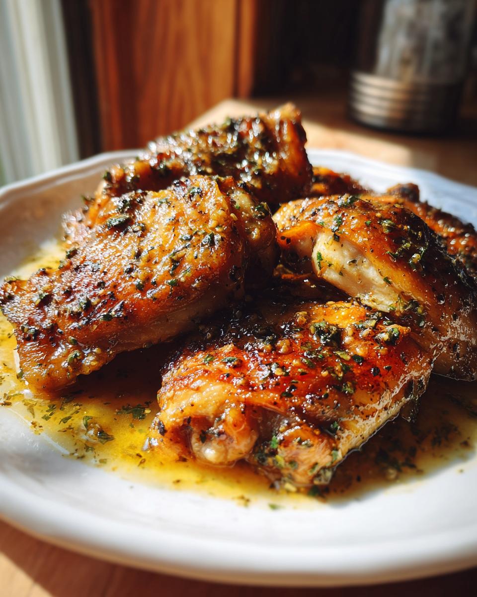 Close-up of garlic butter chicken thighs seasoned with herbs on a white plate.