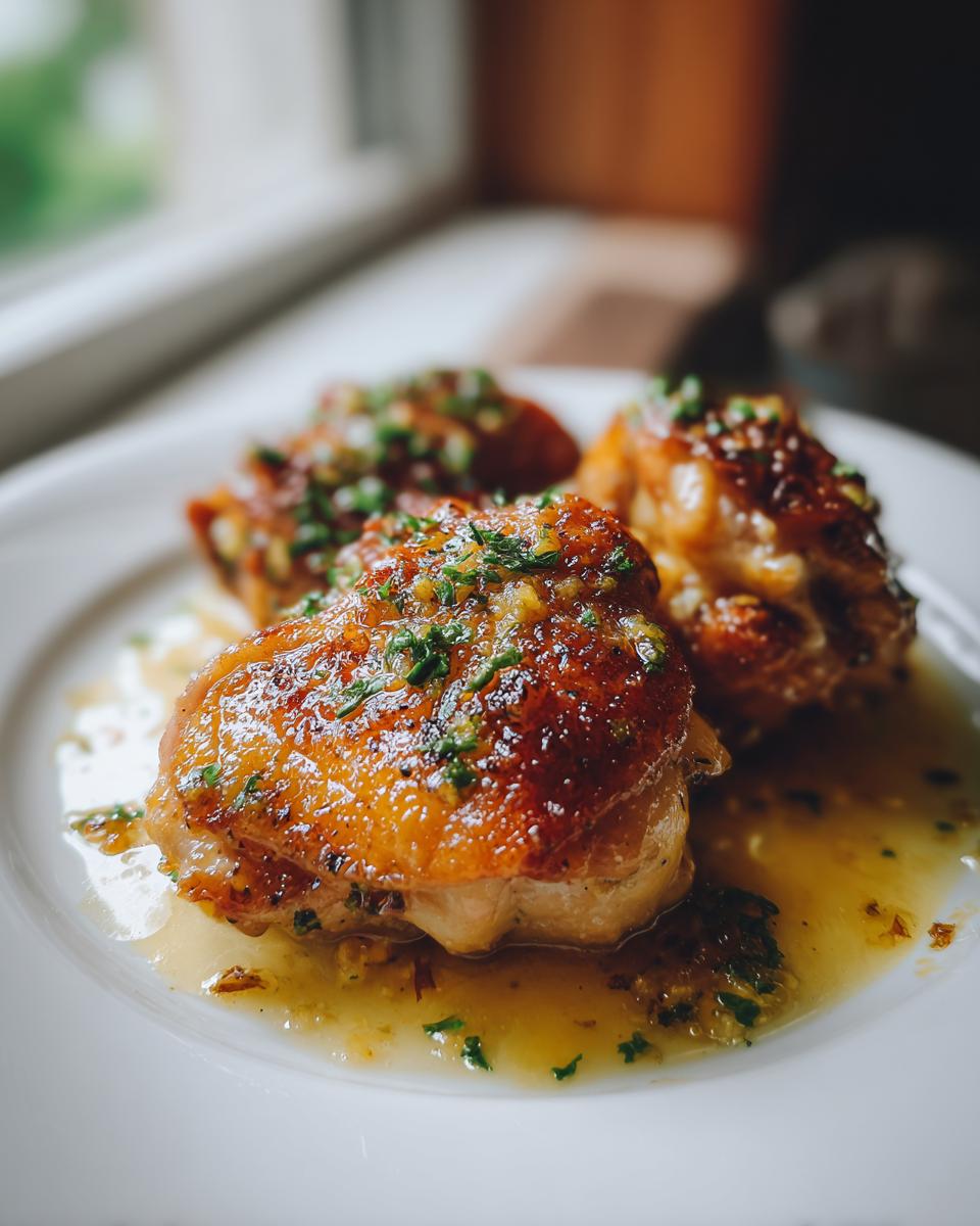 Close-up of garlic butter chicken thighs garnished with herbs on a white plate.