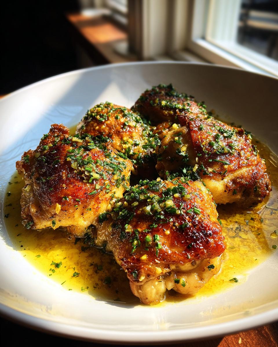 Golden garlic butter chicken thighs garnished with herbs in a white bowl.