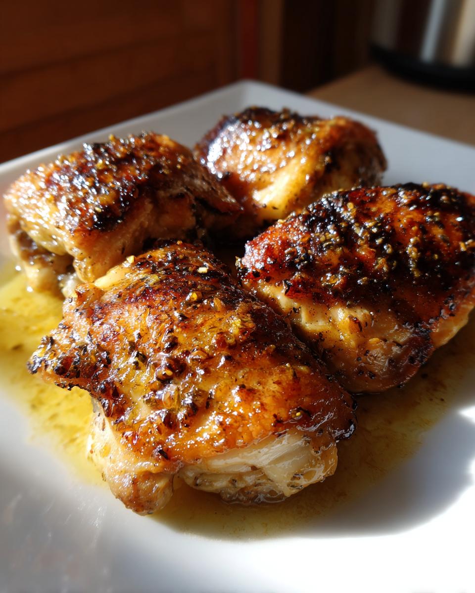 Close-up of four golden-brown garlic butter chicken thighs on white plate.
