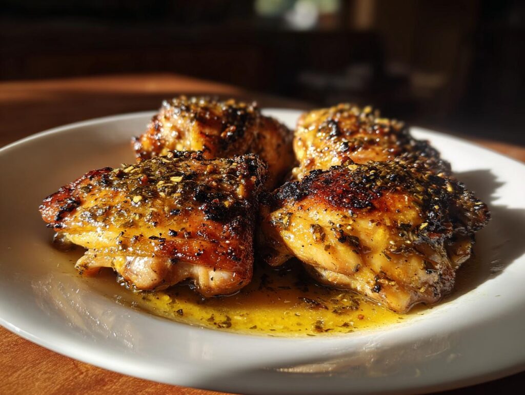 Close-up of garlic butter chicken thigh dinner ideas with crispy seasoned skin on white plate