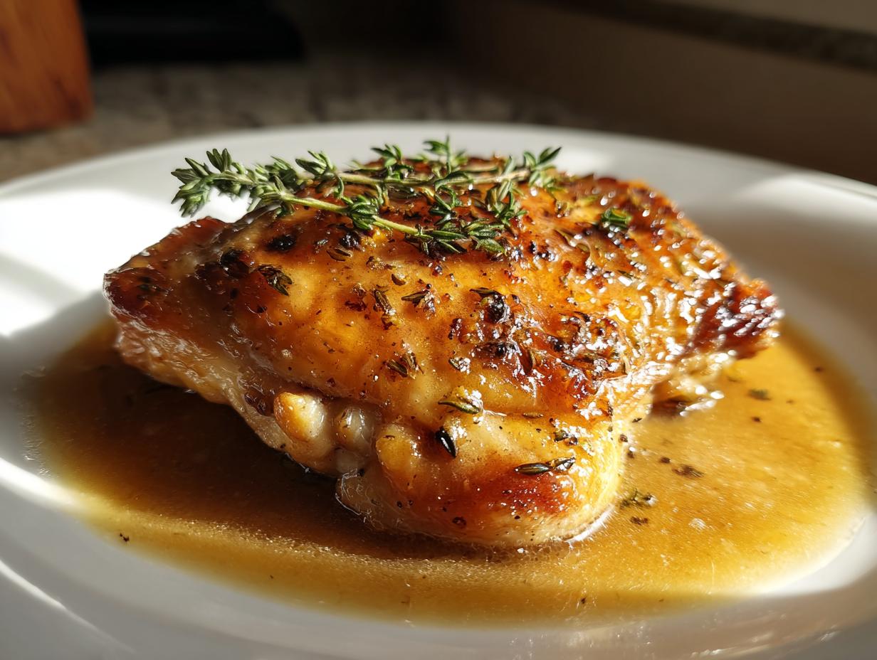 Close-up of a perfectly cooked garlic butter chicken thigh, glistening with sauce and garnished with fresh thyme.