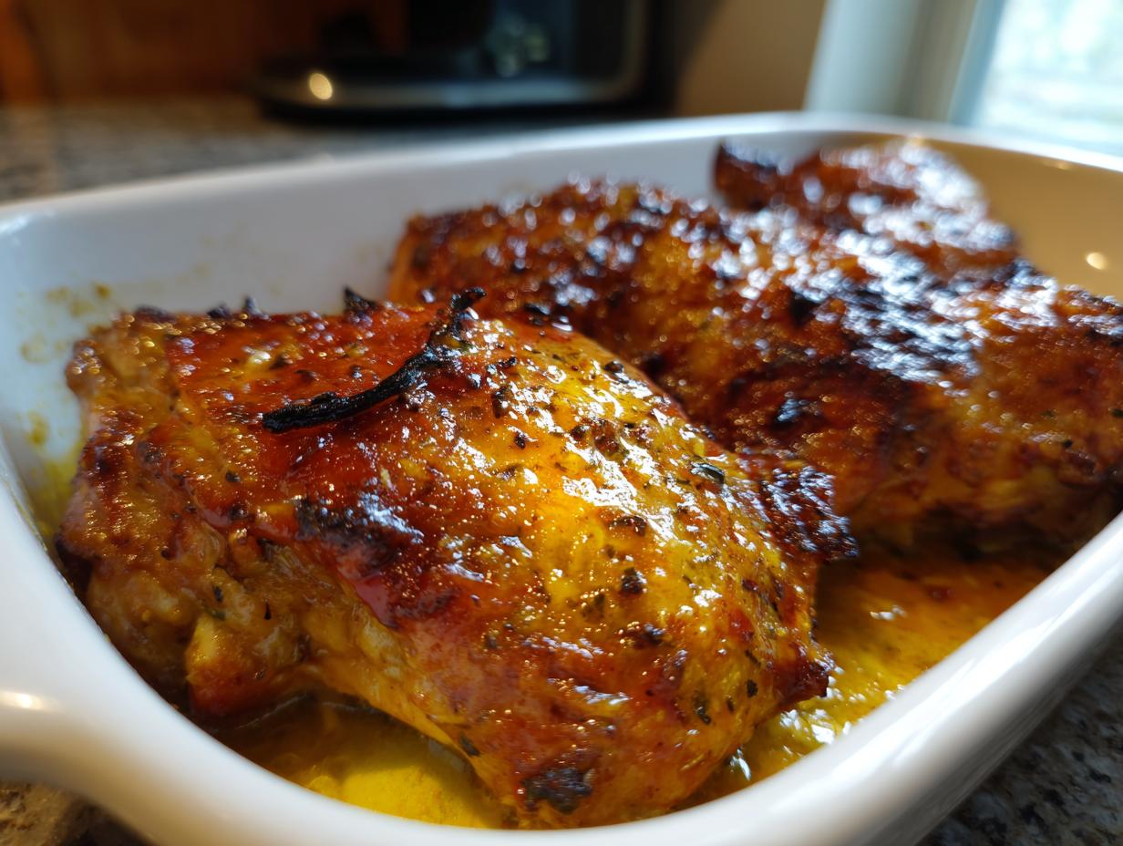 Close-up of juicy garlic butter chicken thighs baked in a white dish, glistening with sauce.