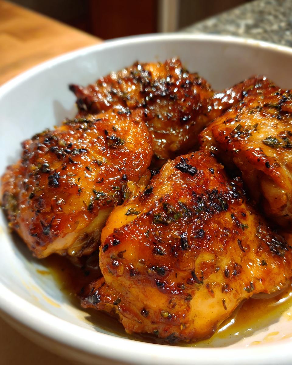 Close-up of juicy garlic butter chicken thighs, glistening with sauce and herbs in a white bowl.
