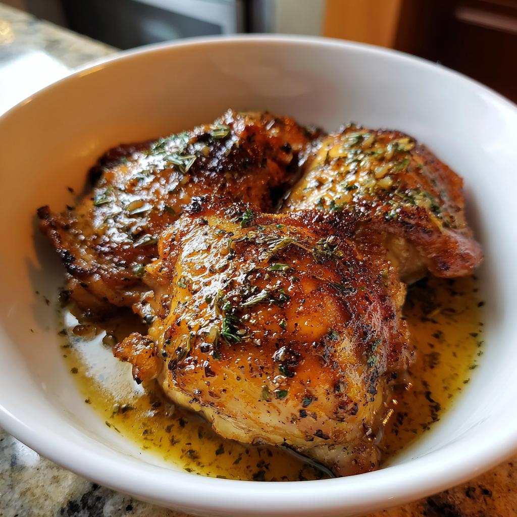 Close-up of three golden-brown garlic butter chicken thighs in a white bowl, glistening with sauce and herbs.