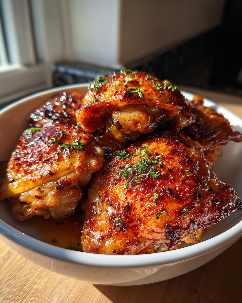 Close-up of glistening, golden-brown garlic butter chicken thighs, sprinkled with fresh herbs.