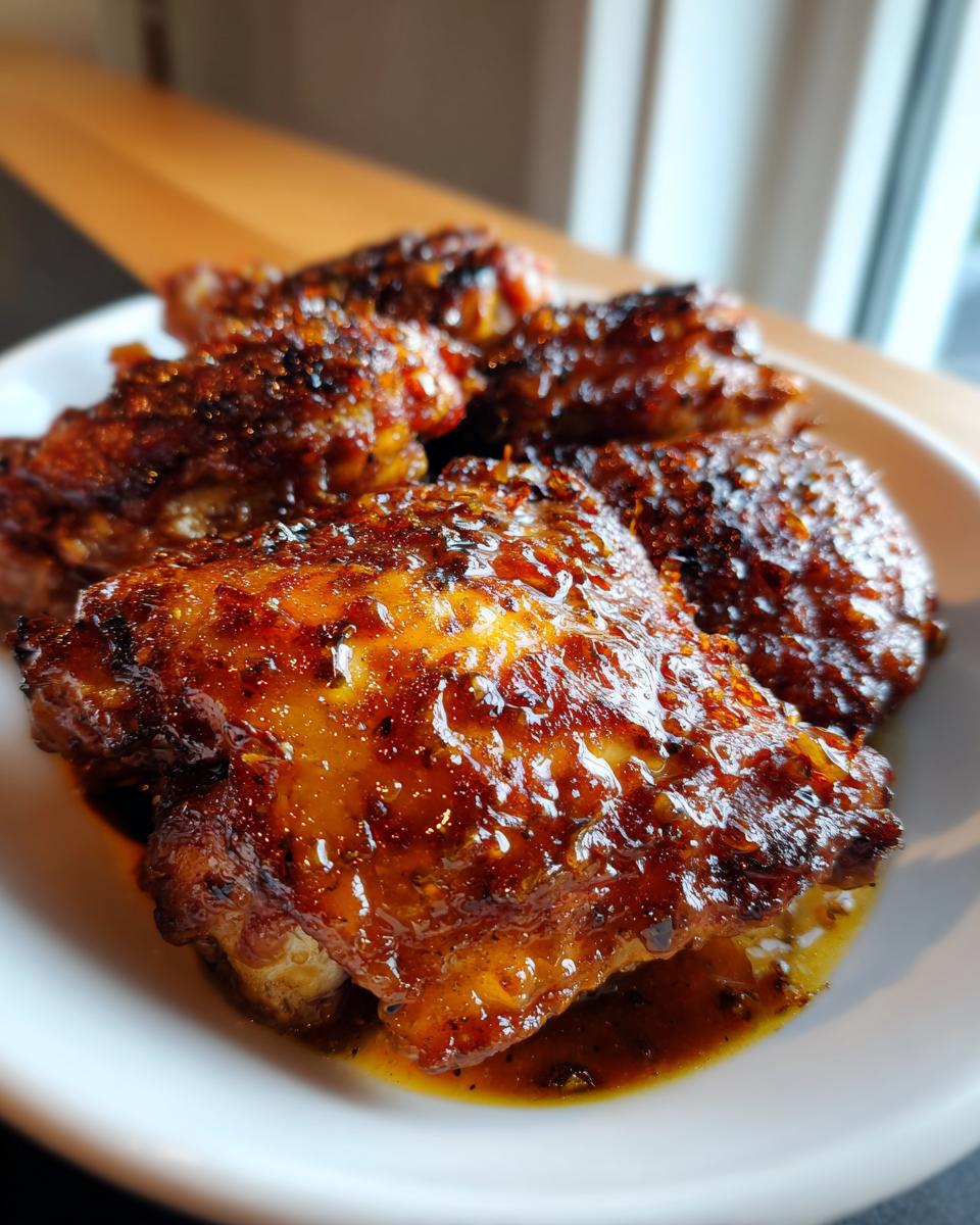 Close-up of glistening, golden-brown garlic butter chicken thighs in a white bowl.