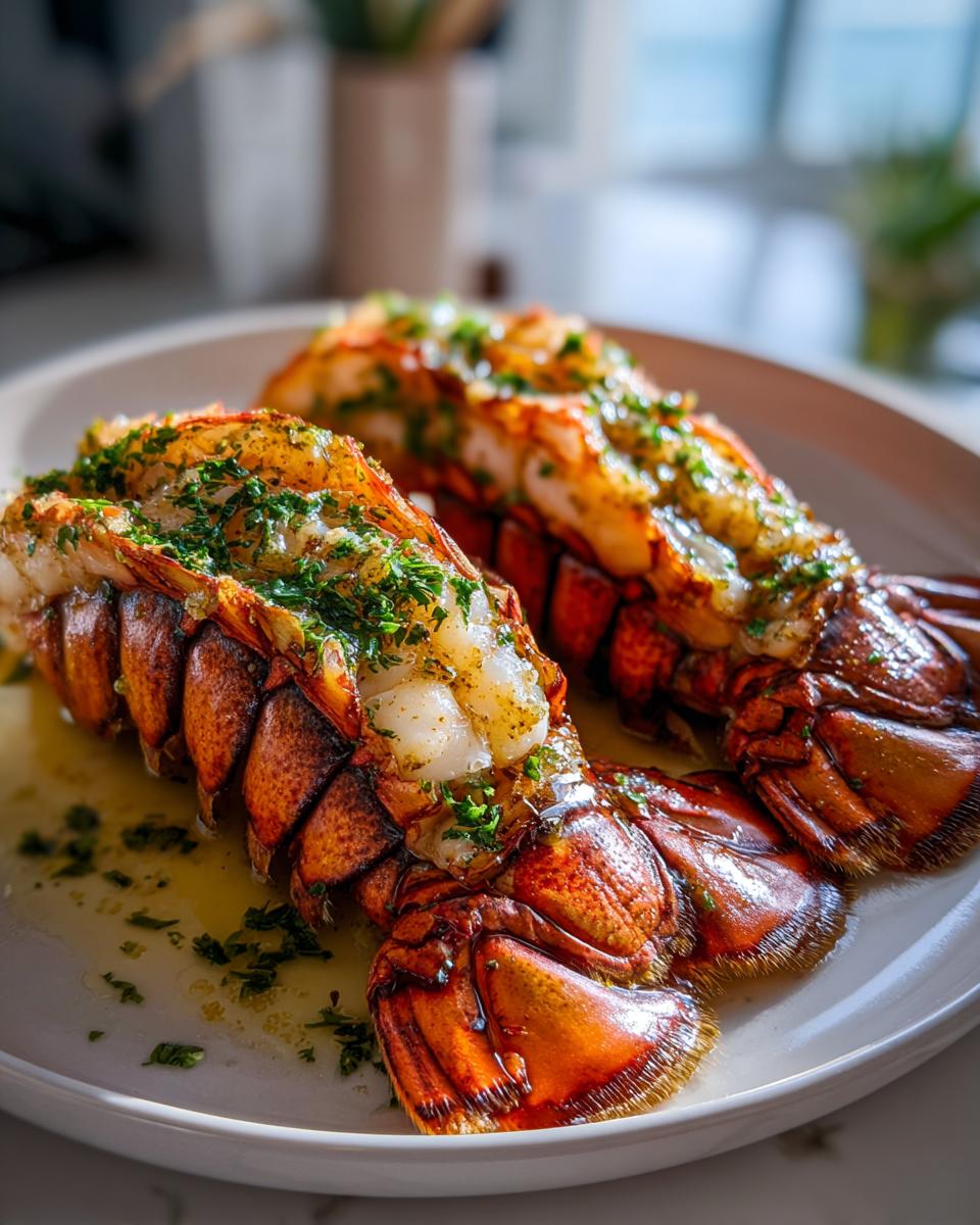 Two succulent lobster tails baked with garlic butter and fresh parsley, served on a white plate.