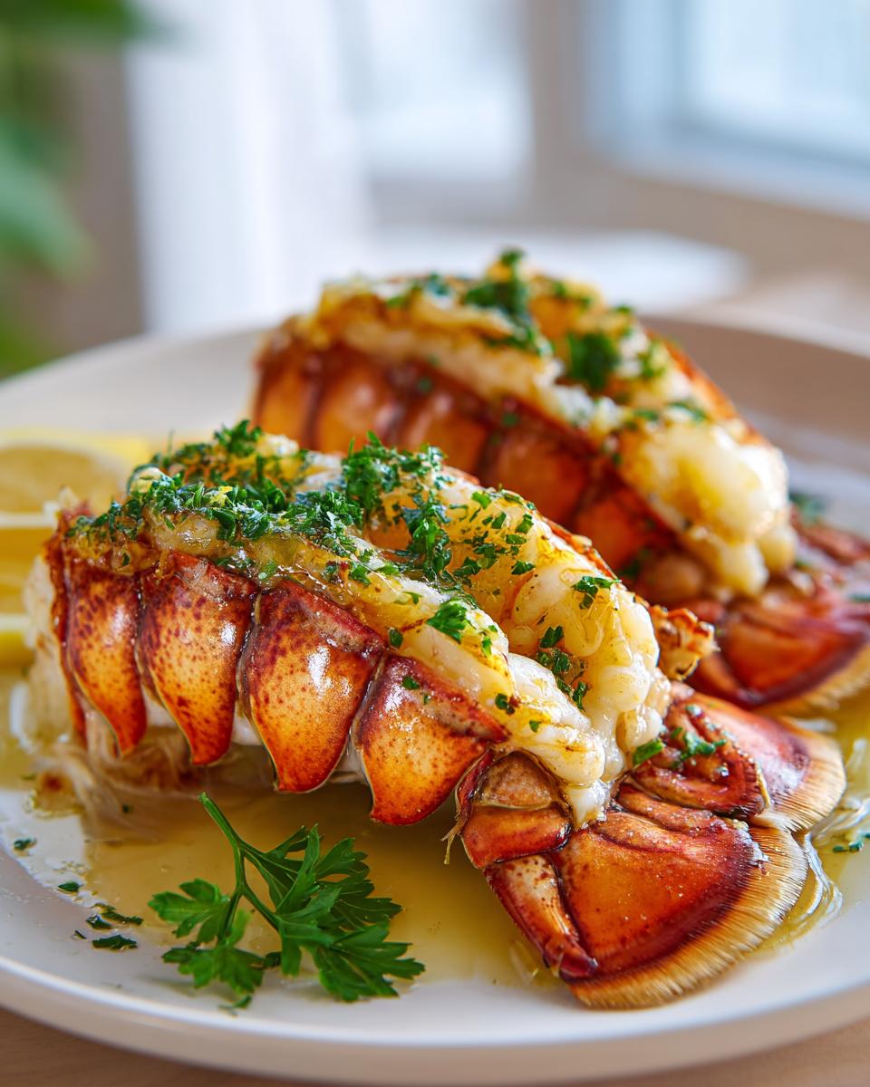 Close-up of two succulent lobster tails, baked and brushed with garlic butter, garnished with fresh parsley and served with lemon slices.