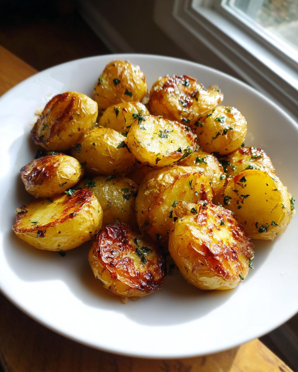 Golden garlic butter roasted baby potatoes garnished with herbs in a white bowl, side dishes