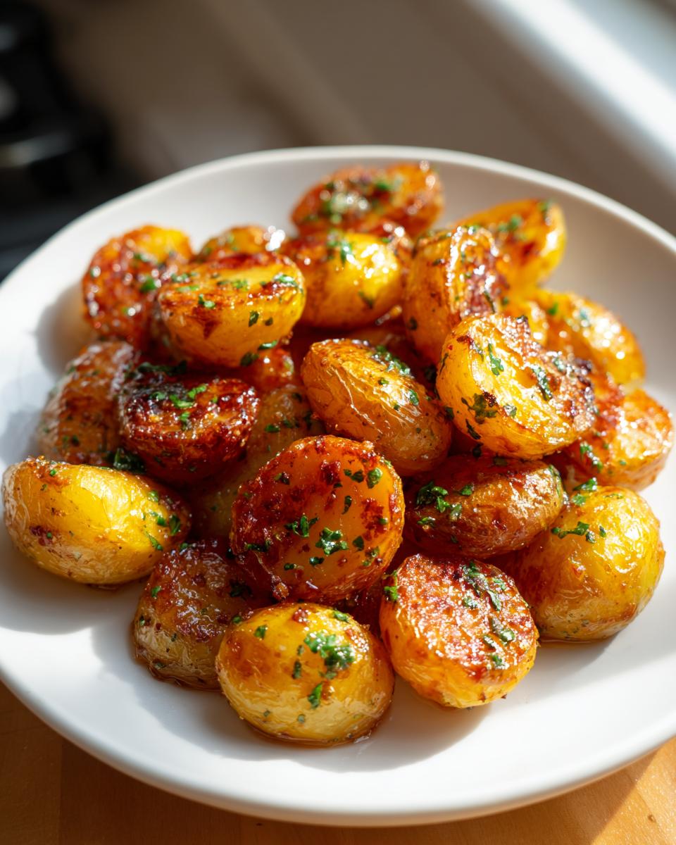 Golden roasted baby potatoes garnished with herbs served as side dishes on a white plate