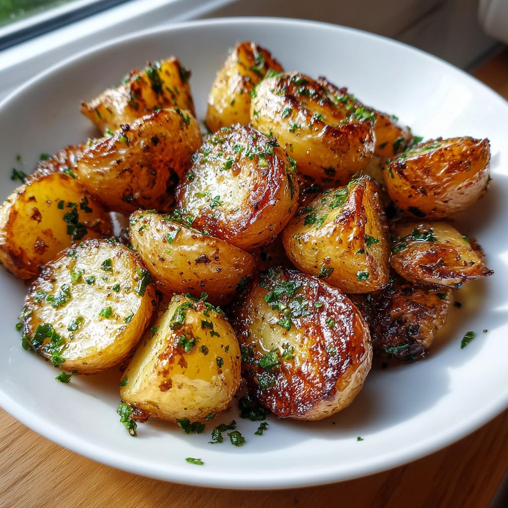 Golden brown garlic butter roasted potatoes garnished with herbs in a white bowl side dishes