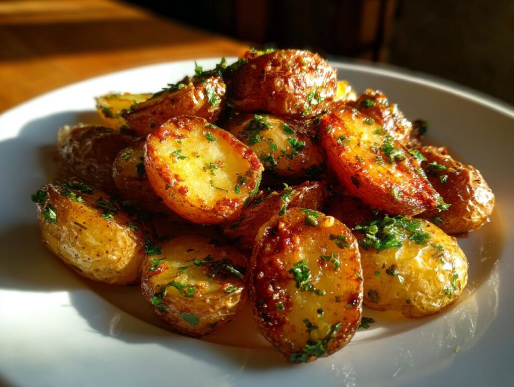 Close-up of garlic butter roasted potatoes garnished with fresh herbs on a white plate, a perfect side dishes