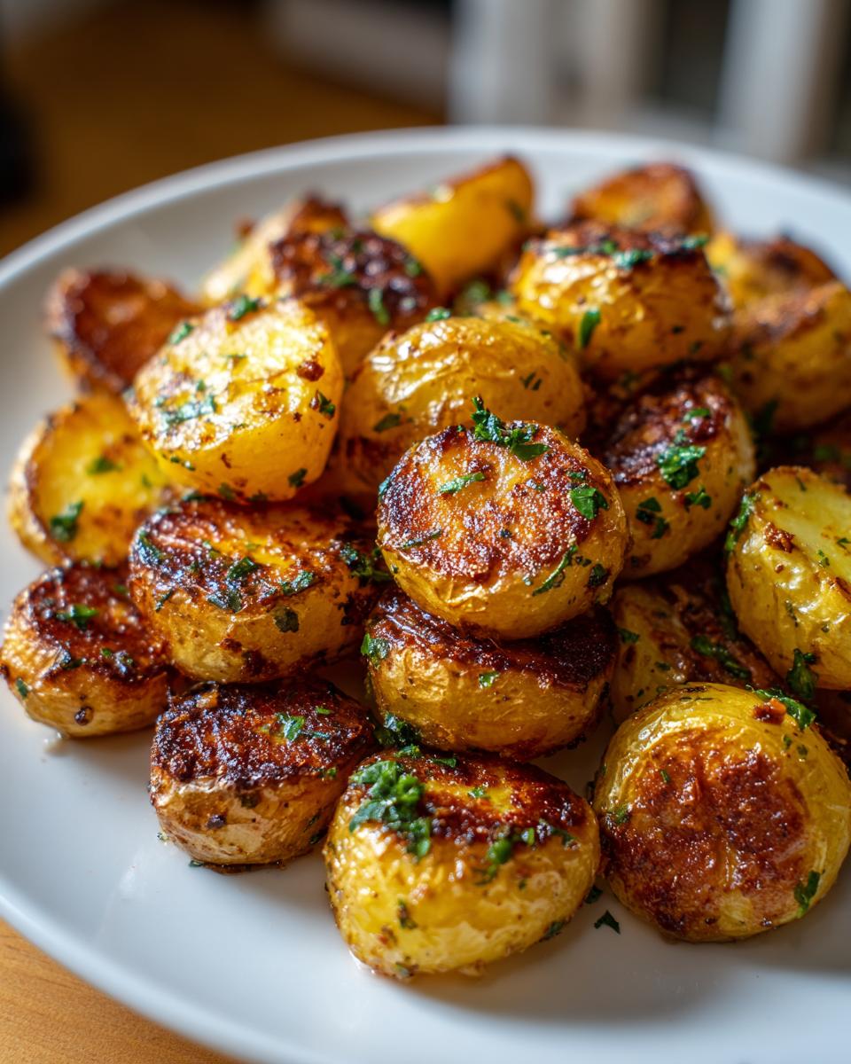 Close-up of golden roasted potatoes garnished with chopped herbs as a side dish