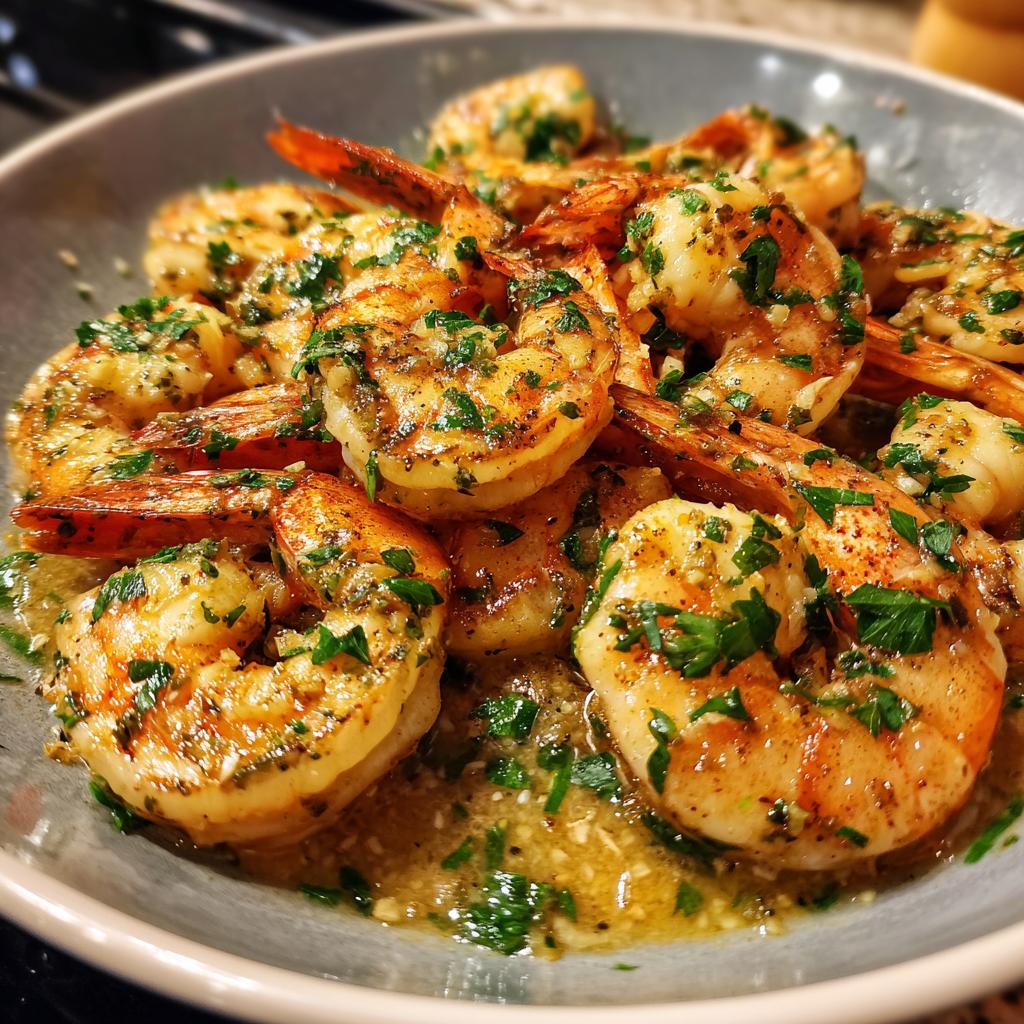 Close-up of garlic butter shrimp garnished with fresh herbs in a shallow bowl, shrimp recipes.
